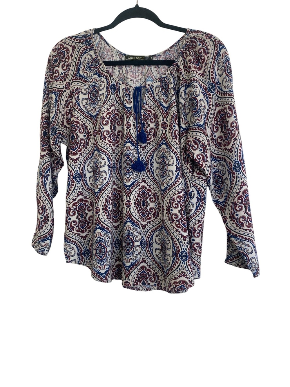 Love Stitch Cream, Blue & Burgundy Paisley Boho Peasant Blouse Size Medium